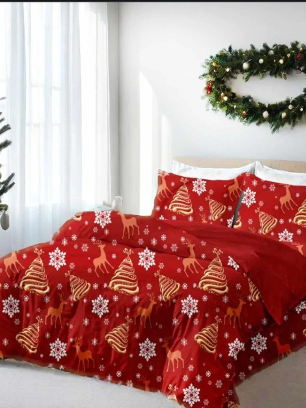 Nanko Christmas Queen Duvet Cover Set 3-Piece Red Holiday Reindeer Snowflake NEW